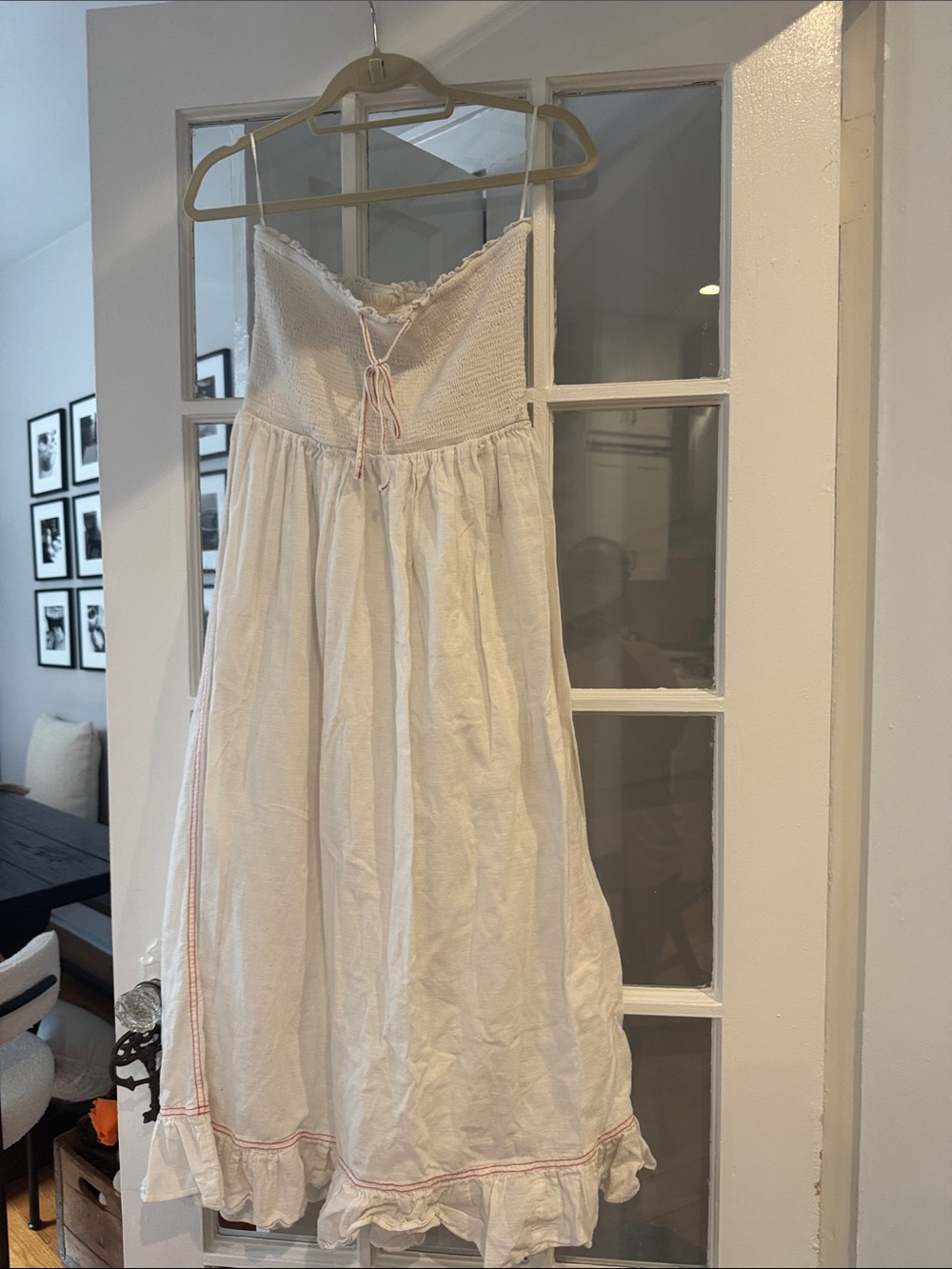 White Smocked Urban Outfitters Sundress with red trim and scalloped hem- L